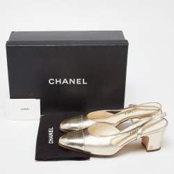 Pre Owned صندل شانيل فتحة خلفية كعب عريض سى سى قماش وتويد أزرق مقاس 38.5