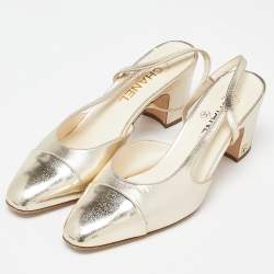 Pre Owned صندل شانيل فتحة خلفية كعب عريض سى سى قماش وتويد أزرق مقاس 38.5