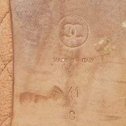 Pre Owned Chanel Tan Quilted Textured Leather and Patent CC Cap Toe Bow Ballet Flats Size 41