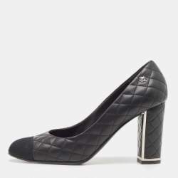 Pre Owned Chanel Black Quilted Leather and Grosgrain CC Cap Toe Pumps Size 39.5