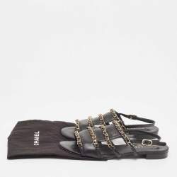 Pre Owned Chanel Black Leather CC Chain Link Flat Slingback Sandals Size 37.5