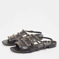 Pre Owned Chanel Black Leather CC Chain Link Flat Slingback Sandals Size 37.5