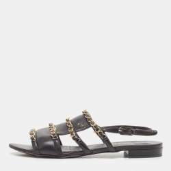Pre Owned Chanel Black Leather CC Chain Link Flat Slingback Sandals Size 37.5