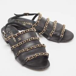 Pre Owned Chanel Black Leather CC Chain Link Flat Slingback Sandals Size 37.5