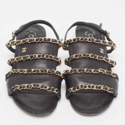 Pre Owned Chanel Black Leather CC Chain Link Flat Slingback Sandals Size 37.5