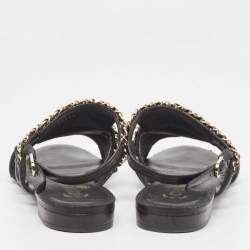 Pre Owned Chanel Black Leather CC Chain Link Flat Slingback Sandals Size 37.5