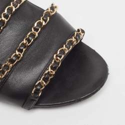 Pre Owned Chanel Black Leather CC Chain Link Flat Slingback Sandals Size 37.5
