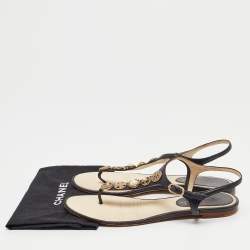 Pre Owned Chanel Black Leather Embellished Thong Sandals Size 38