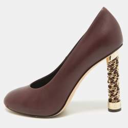 Pre Owned Chanel Burgundy Leather Chain Detail Heel Pumps Size 39.5