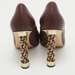 Pre Owned Chanel Burgundy Leather Chain Detail Heel Pumps Size 39.5