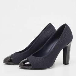 Pre Owned Chanel Navy Blue/Black Lurex Fabric and Patent Leather Cap Toe Pumps Size 39