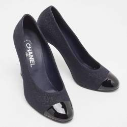 Pre Owned Chanel Navy Blue/Black Lurex Fabric and Patent Leather Cap Toe Pumps Size 39