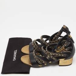 Pre Owned Chanel Black/Gold Leather CC Chain Detail Strappy Sandals Size 37