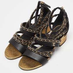 Pre Owned Chanel Black/Gold Leather CC Chain Detail Strappy Sandals Size 37