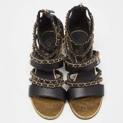 Pre Owned Chanel Black/Gold Leather CC Chain Detail Strappy Sandals Size 37