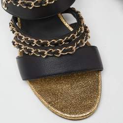 Pre Owned Chanel Black/Gold Leather CC Chain Detail Strappy Sandals Size 37