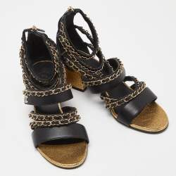 Pre Owned Chanel Black/Gold Leather CC Chain Detail Strappy Sandals Size 37