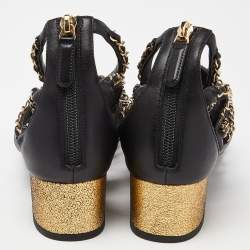 Pre Owned Chanel Black/Gold Leather CC Chain Detail Strappy Sandals Size 37