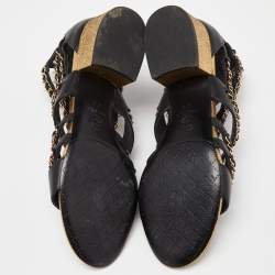 Pre Owned Chanel Black/Gold Leather CC Chain Detail Strappy Sandals Size 37