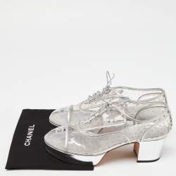 Pre Owned Chanel Transparent/Silver Pvc and Leather CC Block Heel Lace Up Platform Pumps Size 41