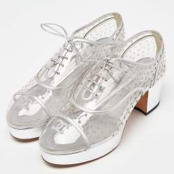 Pre Owned Chanel Transparent/Silver Pvc and Leather CC Block Heel Lace Up Platform Pumps Size 41