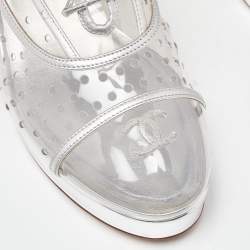 Pre Owned Chanel Transparent/Silver Pvc and Leather CC Block Heel Lace Up Platform Pumps Size 41