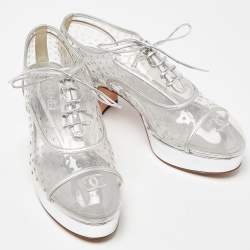 Pre Owned Chanel Transparent/Silver Pvc and Leather CC Block Heel Lace Up Platform Pumps Size 41