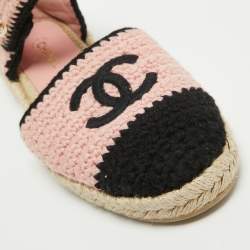 Pre Owned Chanel Pink/Black Braided Knit Fabric CC Espadrille Ankle Strap Flats Size 37