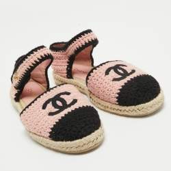 Pre Owned Chanel Pink/Black Braided Knit Fabric CC Espadrille Ankle Strap Flats Size 37