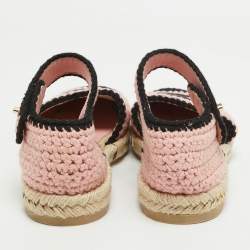 Pre Owned Chanel Pink/Black Braided Knit Fabric CC Espadrille Ankle Strap Flats Size 37