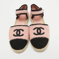 Pre Owned Chanel Pink/Black Braided Knit Fabric CC Espadrille Ankle Strap Flats Size 37