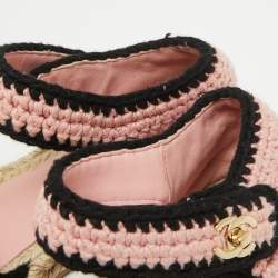 Pre Owned Chanel Pink/Black Braided Knit Fabric CC Espadrille Ankle Strap Flats Size 37