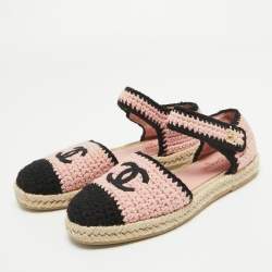 Pre Owned Chanel Pink/Black Braided Knit Fabric CC Espadrille Ankle Strap Flats Size 37