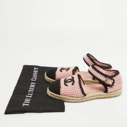 Pre Owned Chanel Pink/Black Braided Knit Fabric CC Espadrille Ankle Strap Flats Size 37