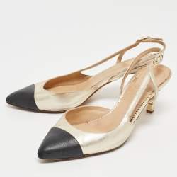 Pre Owned Chanel Gold/Black Leather Cap Toe Slingback Pumps Size 38.5