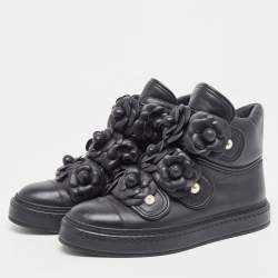 Chanel Black Leather Camellia Flowers Embellished High Top Sneakers Size 36.5