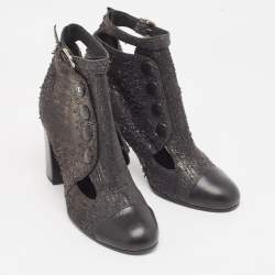 Chanel Grey/Black Snakeskin Embossed Leather and Leather Ankle Boots Size Size 37.5
