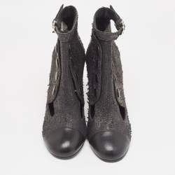Chanel Grey/Black Snakeskin Embossed Leather and Leather Ankle Boots Size Size 37.5