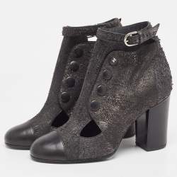 Chanel Grey/Black Snakeskin Embossed Leather and Leather Ankle Boots Size Size 37.5