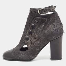 Chanel Grey/Black Snakeskin Embossed Leather and Leather Ankle Boots Size Size 37.5
