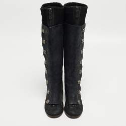 Chanel Black/Grey Nubuck and Fabric Button Knee Length Boots Size 37
