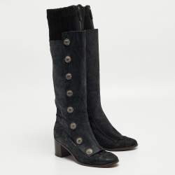 Chanel Black/Grey Nubuck and Fabric Button Knee Length Boots Size 37