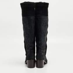 Chanel Black/Grey Nubuck and Fabric Button Knee Length Boots Size 37
