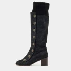 Chanel Black/Grey Nubuck and Fabric Button Knee Length Boots Size 37