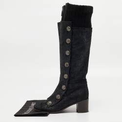 Chanel Black/Grey Nubuck and Fabric Button Knee Length Boots Size 37