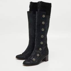 Chanel Black/Grey Nubuck and Fabric Button Knee Length Boots Size 37