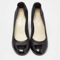 Pre Owned Chanel Black Leather and Patent Leather CC Cap Toe Scrunch Pumps Size 38