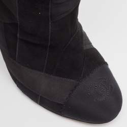 Chanel Black Suede and Grosgrain CC Cap Toe Knee Length Boots Size 39