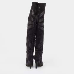 Chanel Black Suede and Grosgrain CC Cap Toe Knee Length Boots Size 39