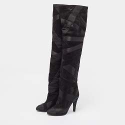 Chanel Black Suede and Grosgrain CC Cap Toe Knee Length Boots Size 39